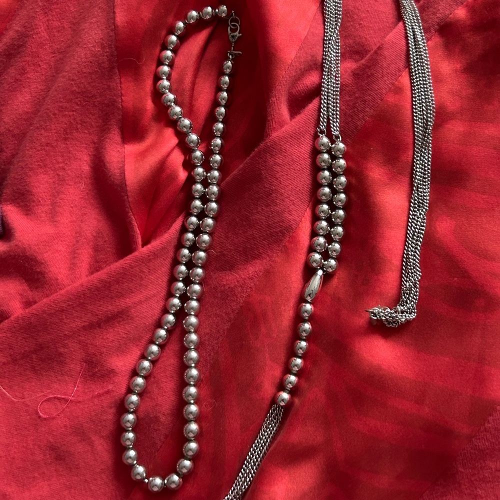 2 Vintage silver tone necklaces beads tassel